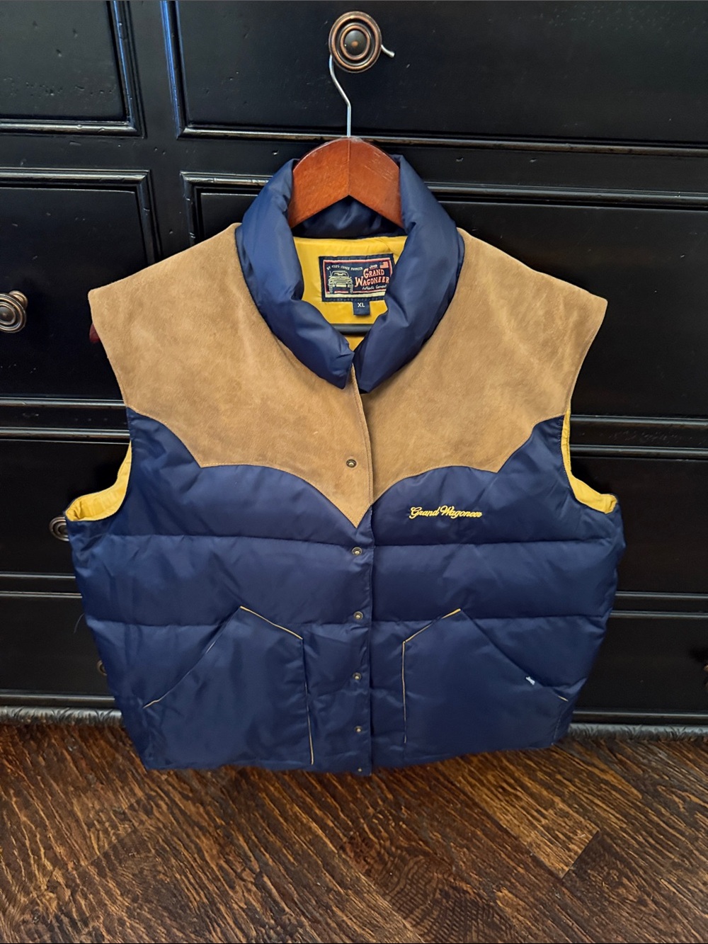 Kiel James Patrick Navy Puffer Vest with Tan Suede Yoke and Yellow Trim